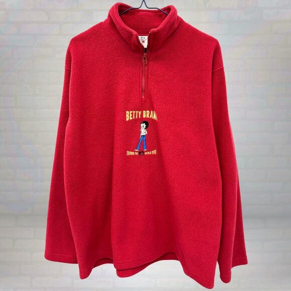 Vintage Betty Boop Red Fleece Pullover Quarter Zip Sweatshirt Size Large - Picture 1 of 5